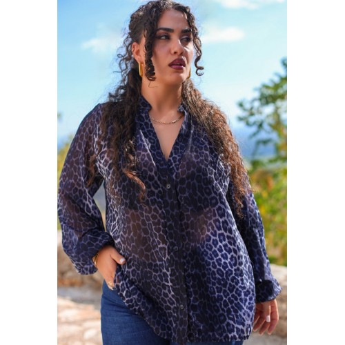 Plus Size Πουκαμίσα Εμπριμέ Μπλε Animal