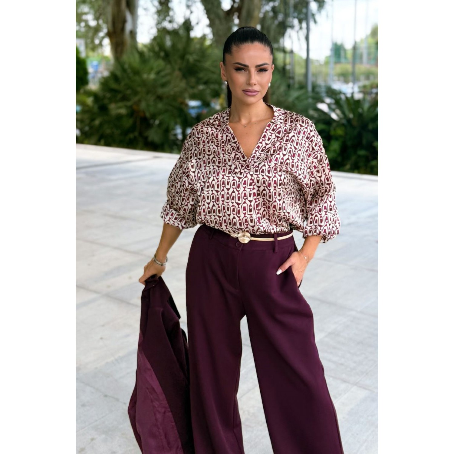 Plus Size Μπλούζα Satin Μπεζ Μπορντό