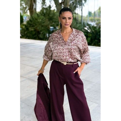 Plus Size Μπλούζα Satin Μπεζ Μπορντό