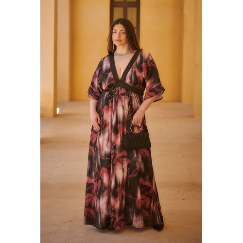 Plus Size Φόρεμα Maxi Σατέν Μαύρο Μπορντώ