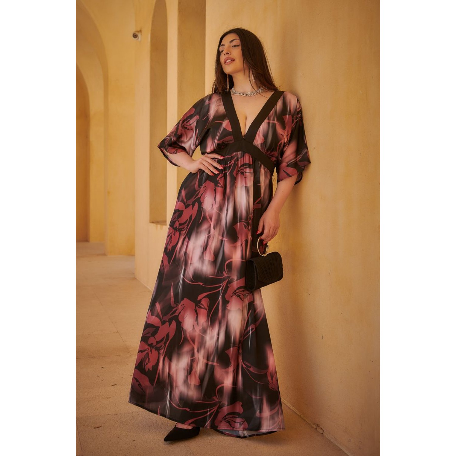 Plus Size Φόρεμα Maxi Σατέν Μαύρο Μπορντώ