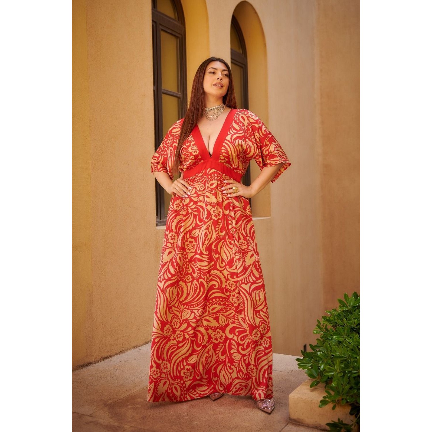 Plus Size Φόρεμα Σατέν Κόκκινο Μπεζ