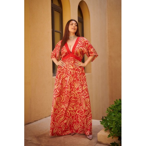 Plus Size Φόρεμα Σατέν Κόκκινο Μπεζ