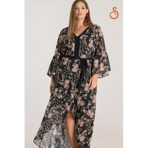 Φόρεμα Μουσελίνα Floral Κωδικός: 4-3425 Μαύρο Μπεζ