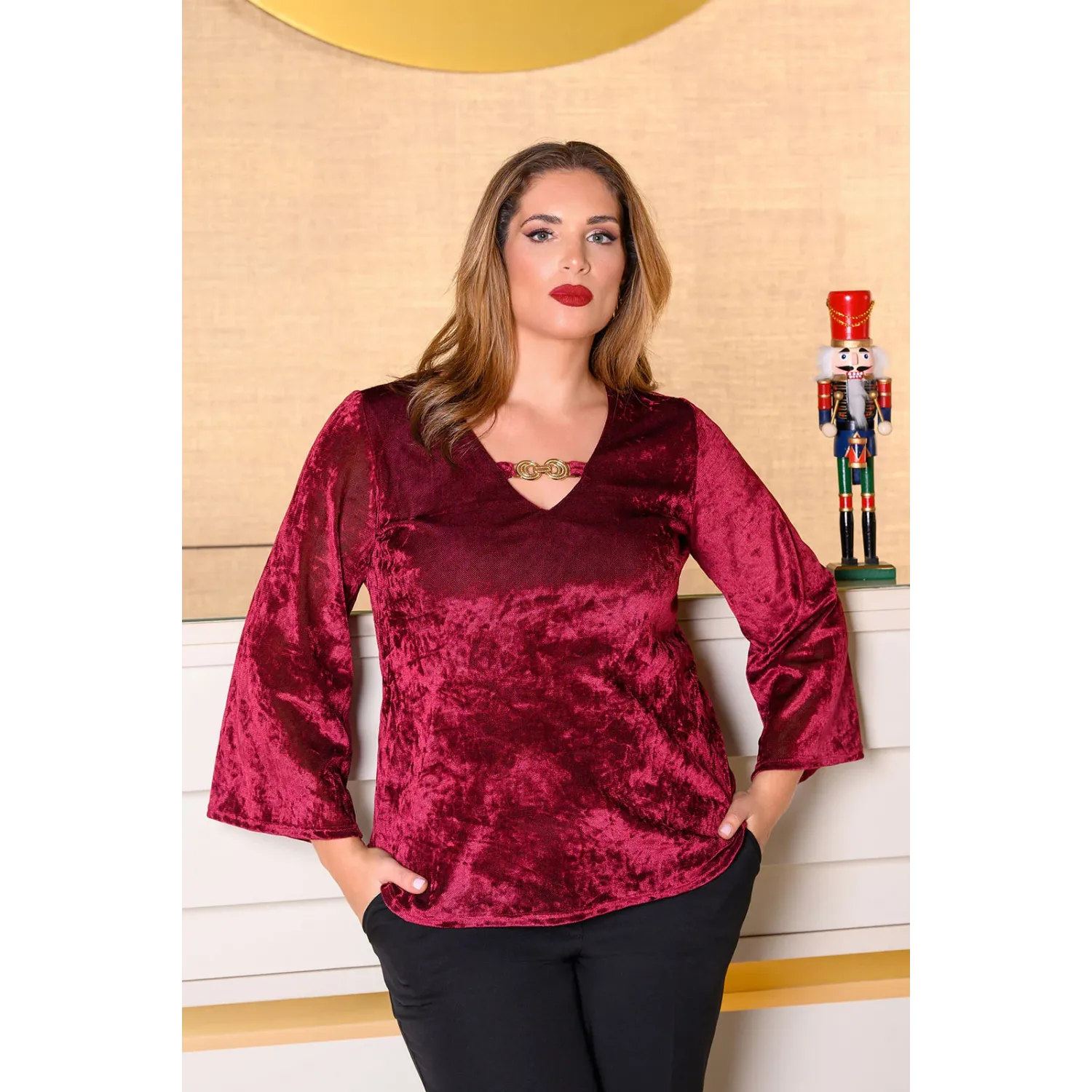 Plus Size Μπλούζα Βελούδινη Μπορντώ