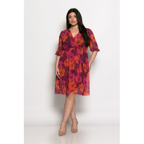 Φόρεμα Floral Dreams Midi Με Βολάν Πορτοκαλί Μωβ