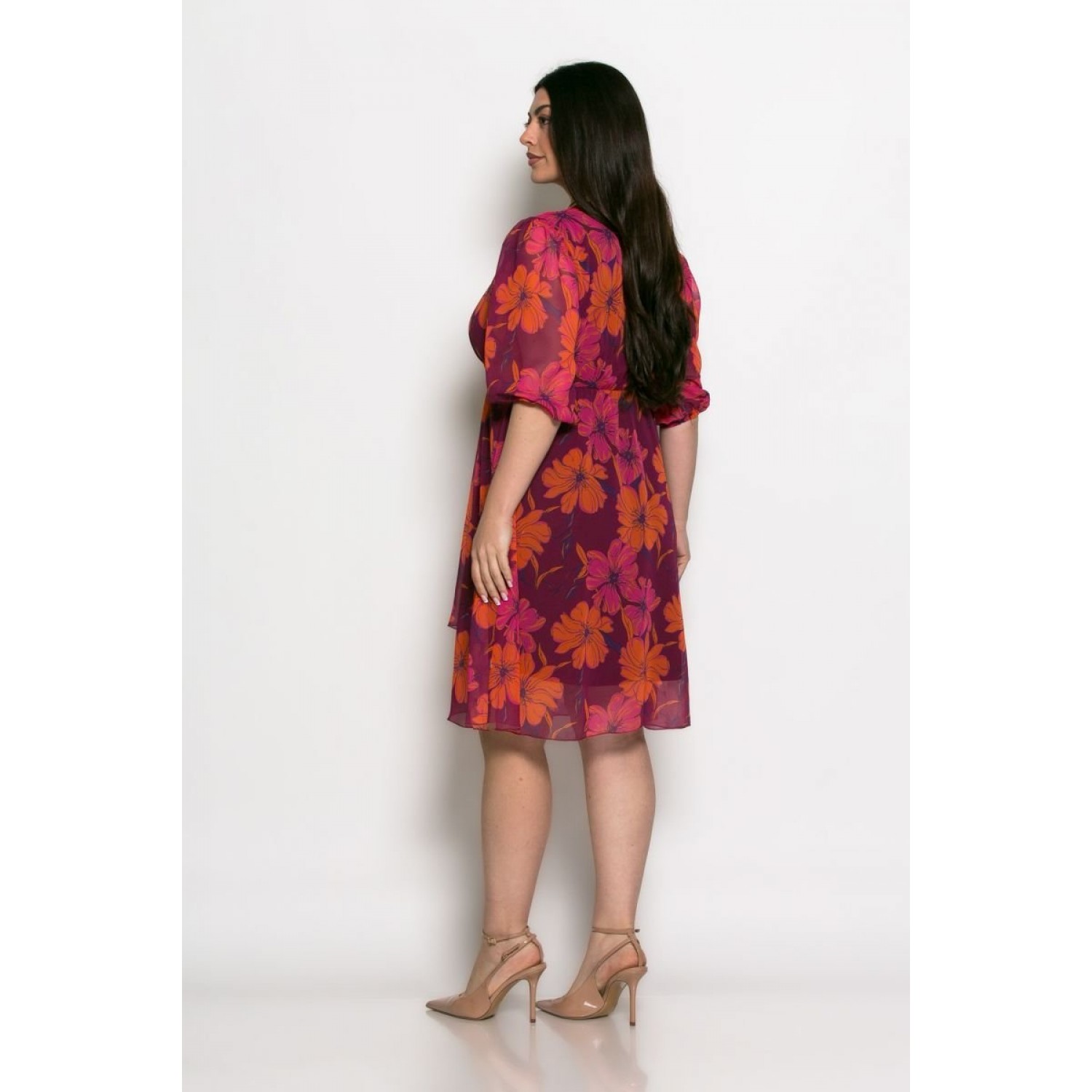 Φόρεμα Floral Dreams Midi Με Βολάν Πορτοκαλί Μωβ