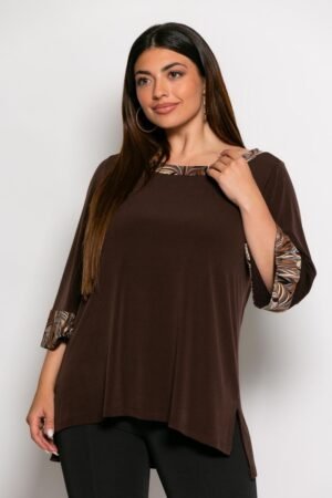 Μπλούζα Jersey Ελαστική Με Εμπριμέ Λεπτομέρεια Καφέ 2-3573-2