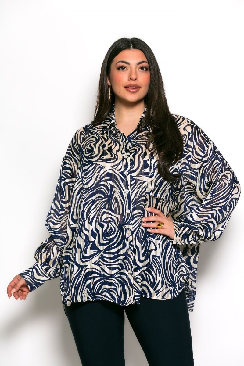 Πουκαμίσα Savina Oversized Μπλε Εκρού Lurex