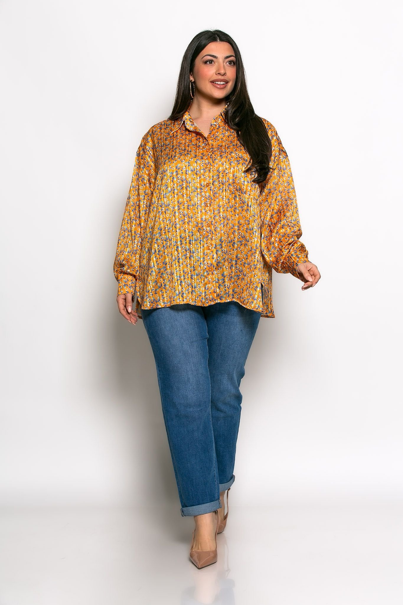 Πουκαμίσα Savina Oversized Πορτοκαλί Λουλούδια Lurex - Image 3