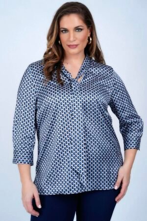 Εμπριμέ μπλούζα με γραβάτα Μπλε