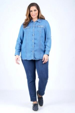 Τζιν πουκαμίσα με διακοσμητικές πέρλες Μπλε