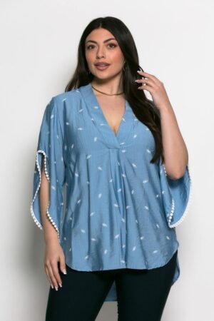 Μπλούζα Mythos Με V Και Ανοίγματα Στα Μανίκια Σιέλ