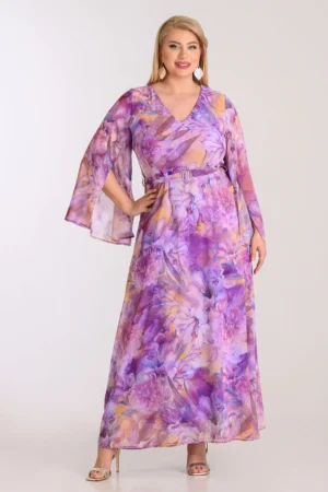 Φόρεμα Μουσελίνα Εμπριμέ Λιλά