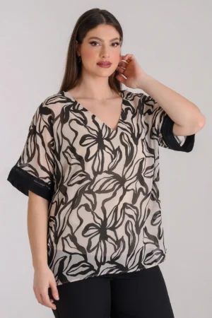 Μπλούζα Μουσελίνα Με Τρέσα Μαύρο Εκρού