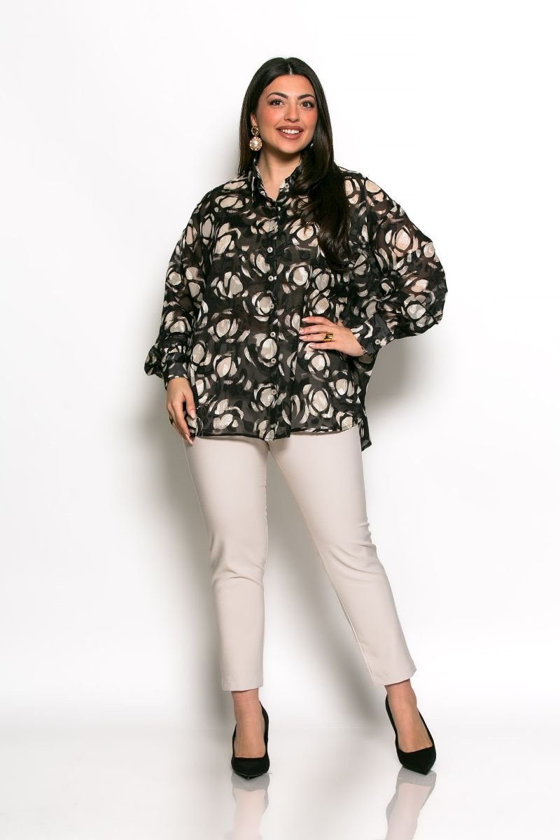 Πουκαμίσα Savina Oversized Μαύρο Εκρού Ανάγλυφο