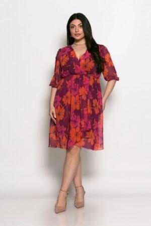 Φόρεμα Floral Dreams Midi Με Βολάν Πορτοκαλί Μωβ